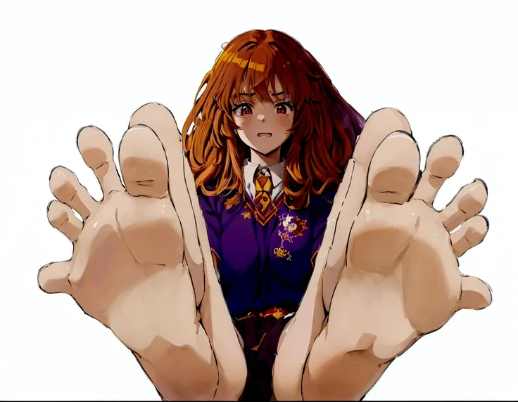 anime girl with long red hair and purple shirt raising her hands, hermione, hermione granger, with index finger, created by anim...