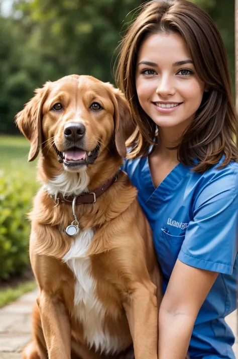 girl veterinarian with light brown hair, with a dog