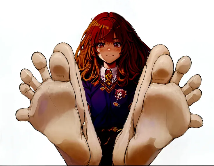 anime girl with long red hair and purple shirt raising her hands, hermione, hermione granger, with index finger, created by anim...