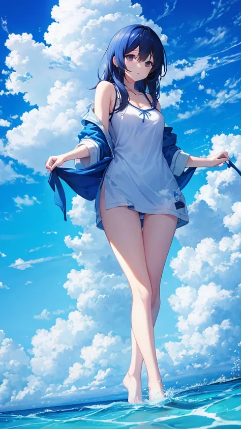 Blue sky with white clouds　Seaside　Back view of a woman in casual clothes　An illustration　LOFI風　