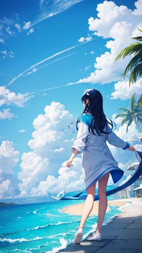 Blue sky with white clouds　Seaside　Back view of a woman in casual clothes　An illustration　LOFI風　