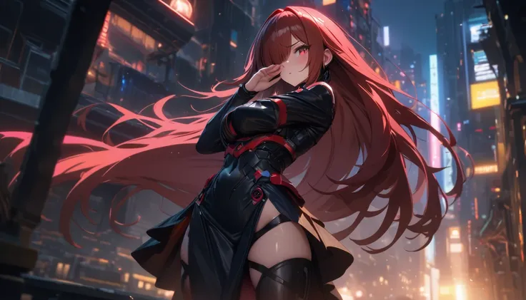 Best quality, masterpiece, A high resolution,,((masterpiece, top quality)), detailed face, Tactical Night Ninja Girl, (yellow eyes), ((long straight auburn hair)), (((bang, covering one eye))), ((Mechanical headphones)), angry expression, very detailed, (S...