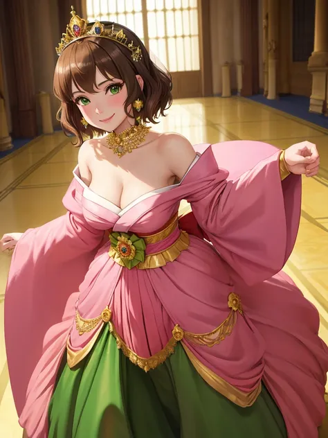 masterpiece, best quality:1.2), 1girl, smile, looking at viewer, green eyes, short brown hair, princess, princess dress, wearing puffy pink ballgown skirt reaching the floor, green kimono, golden tiara with veil, standing in ballroom of medieval castle