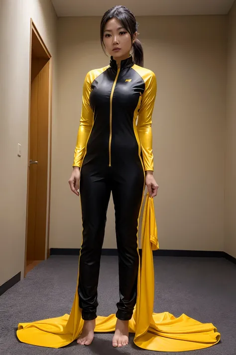 Elegant sophisticated joyful asian lady, yellow   spandex catsuit with black tracksuit stripes , barefoot, standing , looking at viewer , strict, ponytail, 