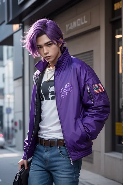 Stilo free fire character, side faded hair, purple jacket phone had set purple pants