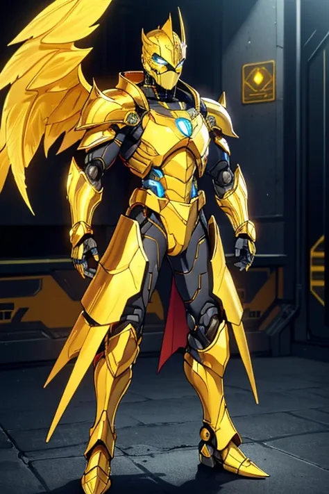 golden yellow body, blue eyes, robotic, robot, (((1boy))), (((golden yellow metal armor))), (black clawed cybernetic gauntlets), (black cybernetic boots), (faceless mask), (golden yellow hip guards), (winged helm)