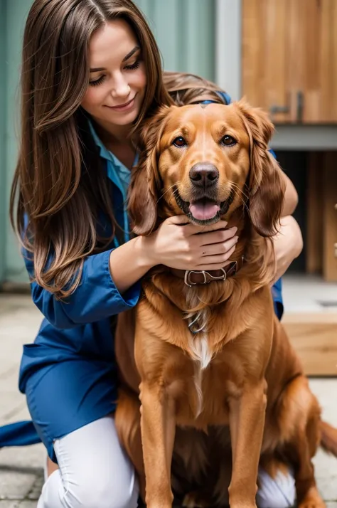 girl veterinarian with long light brown hair, with a dog