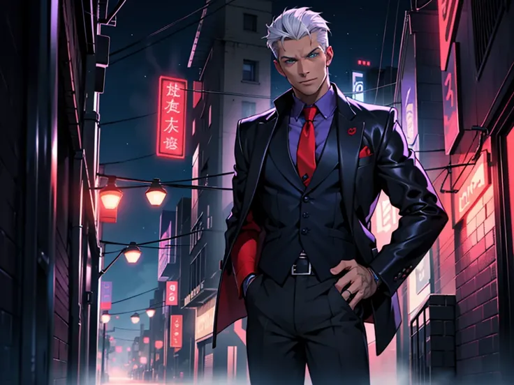 male, white purple combed back, blue eyes, blue leather jacket with red lining, black shirt, red tie, black vest. A detailed eye. City at night background.