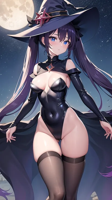 monamegistus, mona, blue eyes, hair between eyes, twintails, very long hair, purple hair, hat, (medium breast:1.2), witch hat,
BREAK black bodysuit, black gloves, blue sleeves, bodysuit, capelet, covered navel, black pantyhose,detached sleeves, gloves, hig...