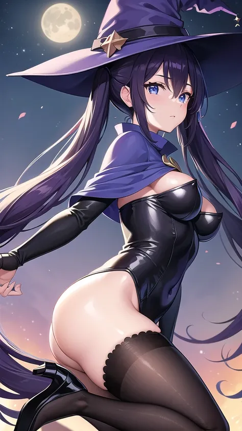 monamegistus, mona, blue eyes, hair between eyes, twintails, very long hair, purple hair, hat, (medium breast:1.2), witch hat,
BREAK black bodysuit, black gloves, blue sleeves, bodysuit, capelet, covered navel, black pantyhose,detached sleeves, gloves, hig...