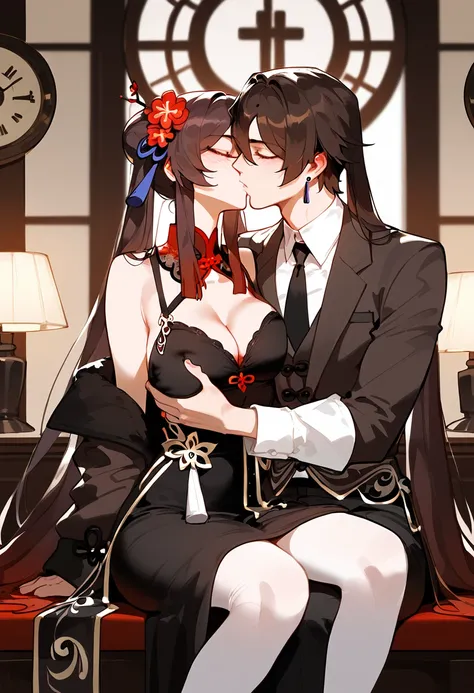 anime artwork, score_9, score_8_up, score_7_up, score_6_up, score_5_up, score_4_up, hu tao, she is 24 years old, style_3, sitting,,,,,,,,,, dress, 1boy, zhongli, breast grab, they are kissing, indoors, floox style