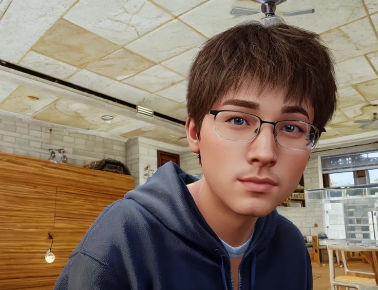 there is a young man wearing glasses and a blue hoodie