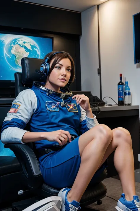 An astronaut watching movie in gaming room with her