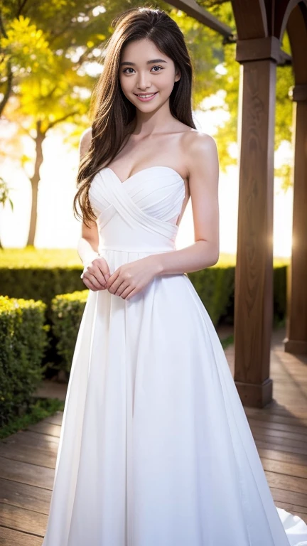 beautiful 25 year old  woman。she is wearing a summer wedding dress. she is smiling on illuminated by the evening church lights ....