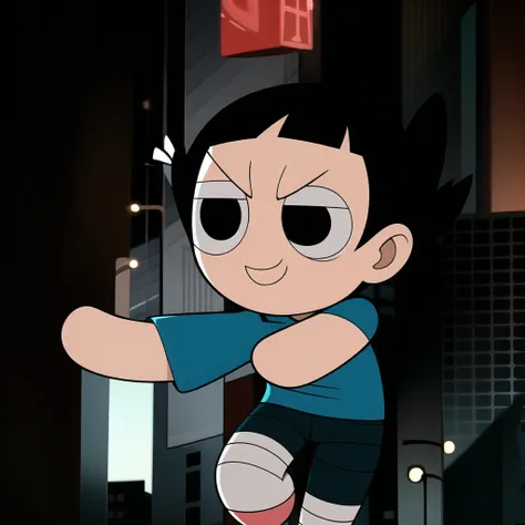 boy, shirt, short sleeves, pants, cute smile, full body, chibi, black hair, city background, (((solo)))