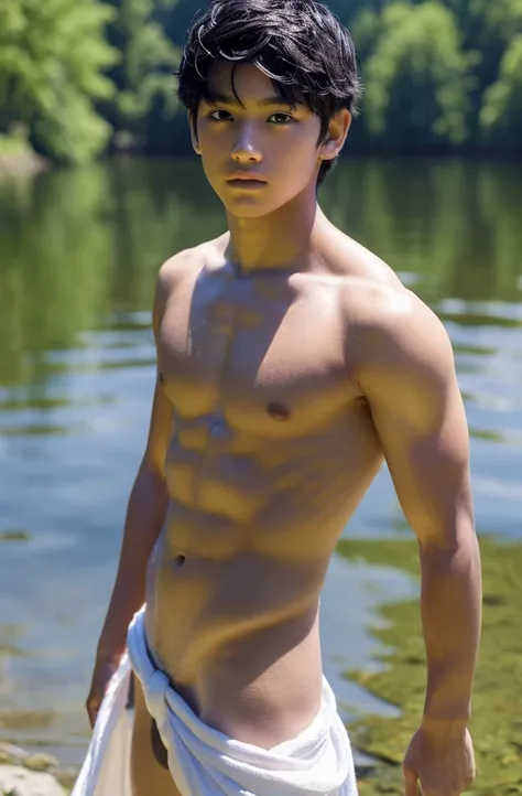 15-year-old boy, Upper body naked, White loincloth ,Smooth Skin,lake,  Black Hair,   Thin、Beautiful Boy、Japanese、Dark Eyes