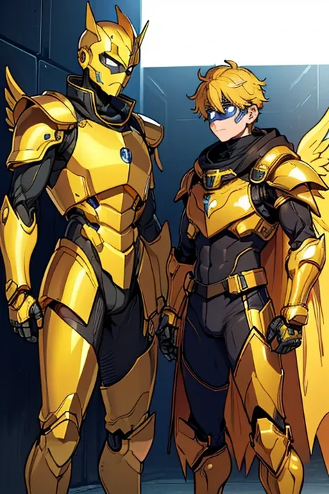 golden yellow body, blue eyes, robotic, robot, (((1boy))), (((golden yellow metal armor))), (black clawed cybernetic gauntlets), (black cybernetic boots), (faceless mask), (golden yellow hip guards), (winged helm)