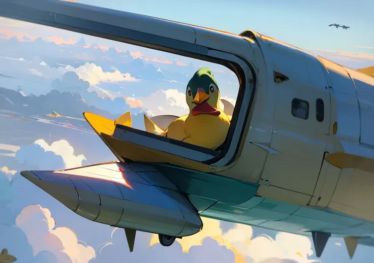 A cute duck sit in an airplane, looking out from plane window, cute soft duck with yellow beak, in the cloudy sky,