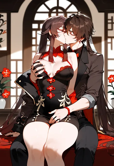 anime artwork, score_9, score_8_up, score_7_up, score_6_up, score_5_up, score_4_up, hu tao, she is 24 years old, style_3, sitting,,,,,,,,,, , 1boy, zhongli, breast grab, they are kissing, indoors, floox style