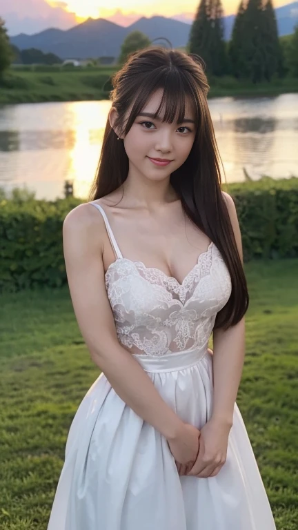 beautiful 25 year old  woman。she is wearing a summer wedding dress. she is smiling on illuminated by the evening church lights ....