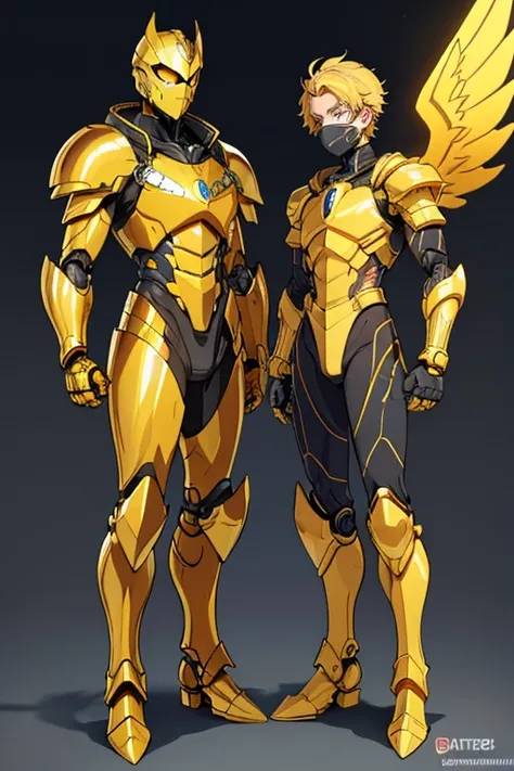 golden yellow body, blue eyes, robotic, robot, (((1boy))), (((golden yellow metal armor))), (black clawed cybernetic gauntlets), (black cybernetic boots), (faceless mask), (golden yellow hip guards), (winged helm)