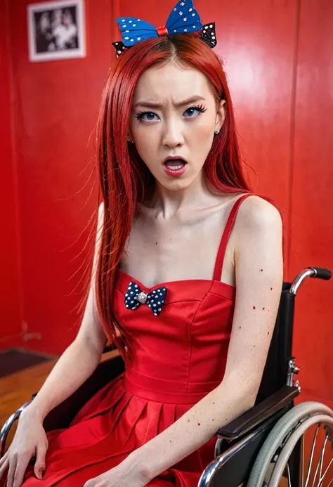 uhd, photo of cami, subject: noriko, 1/2 japanese 1/2 hainu skinny girl in a 2/0 large wheelchair with long red hair, blue+++ ey...