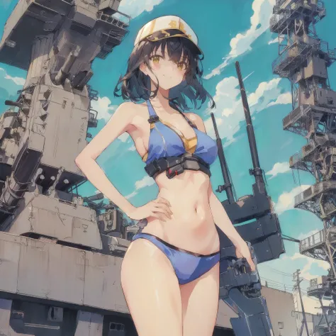 anime girl in bikini with giant gun in front of factory, smile,80s anime,Kantai Collection Style, Railgun, makoto shinka, Girl with warship parts, yellow wind, Kantai Collection, bikini + Tattered military equipment, art of yellow wind pixel, Anime Machine...