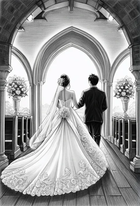 BREAK Perfect Anatomy、(High resolution:1.2)、Incredible illustrations、(Cute illustrations:1.2)、(beautiful ass)（Beautiful background）Bride walking down the aisle　(pencil drawing:2.0)