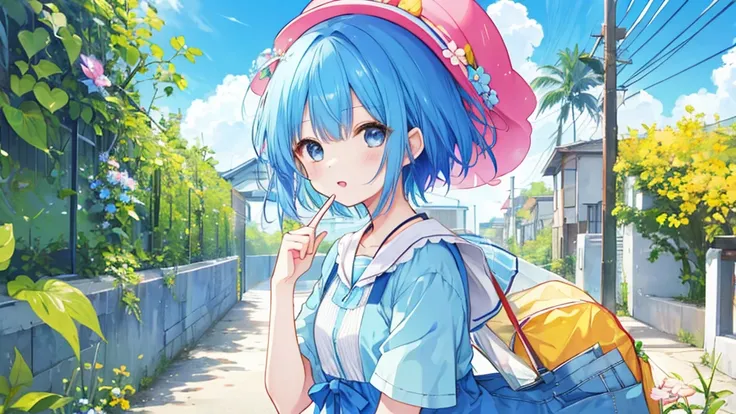 Girl、Blue hair short、Summer clothes