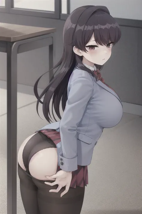 masterpiece, best quality, 1girl, solo, bending over, komi-san wa komyushou desu, ks , blue jacket, white shirt, ((large breasts)), ((large ass)), ((fpcus on her ass)), see through panties, body of equal proportions, striped bowtie, red skirt, black pantyh...