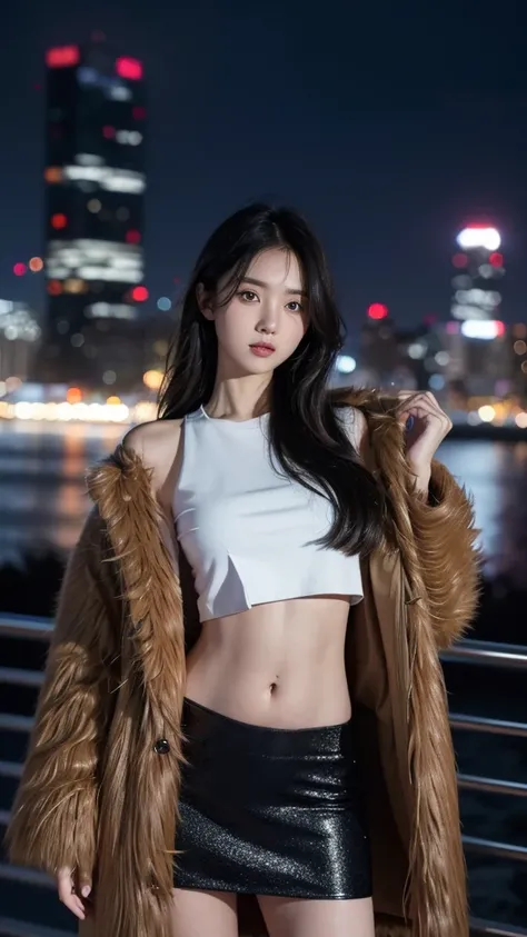 Fujifilm  , looking at the viewer, ((very detailed eyes and pupils)), very detailed, serious expression, standing facing the city skyline at night, cropped top,shirt, hands hidden, Jacket skirt, ((navel)), ((face lighting  full )), shaggy coat,