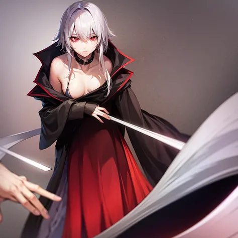 Male character, silver hair, Red eyes, wears a black robe