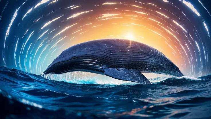 A whale curling up in a vortex at the center。Colorful backgrounds