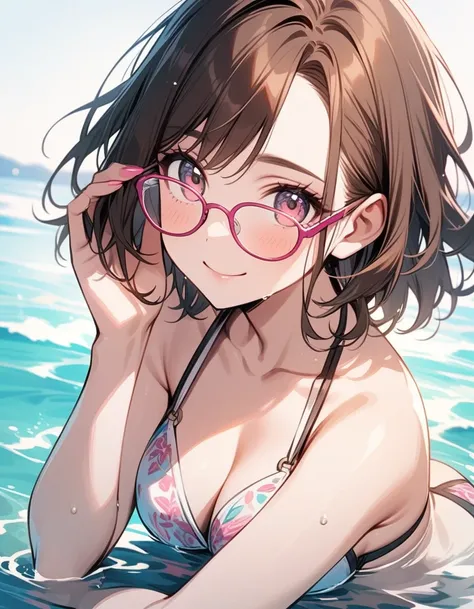 so beautiful, Beautiful Eyes, Highest quality, Very detailed, Intricate details, One Girl ,Short brown hair, Brown eyes, Thick thighs, bikini, good looking, Medium Hair, Brown Hair, Pink highlights on the tip, Pale pink eyes,Wear glasses、beautiful sea、Happ...