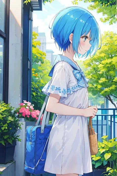 Profile of the girl、Blue hair short、Summer clothes、Embarrassed