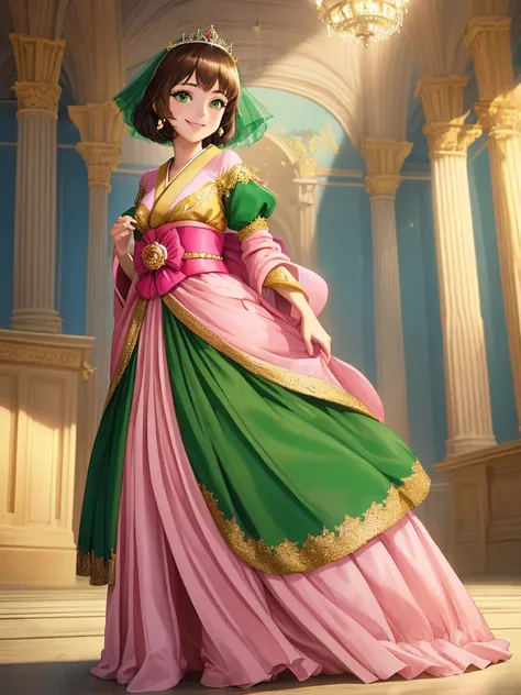 masterpiece, best quality:1.2), 1girl, smile, looking at viewer, green eyes, short brown hair, princess, princess dress, wearing puffy pink ballgown skirt reaching the floor, green kimono, golden tiara with veil, standing in ballroom of medieval castle