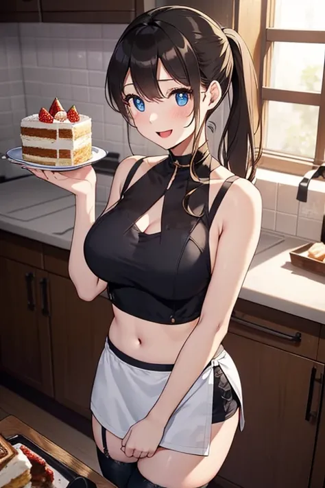 (dynamic angle:1.3, front view:1.1, breast focus:1.3, from above:1.1), (dynamic posing:1.2, sexy posing:1.2), (seductive smiling:1.3), ((looking at cake,Taking a cake out of the golden oven, worried about the outcome:1.2)),highest quality、(real、photorealis...