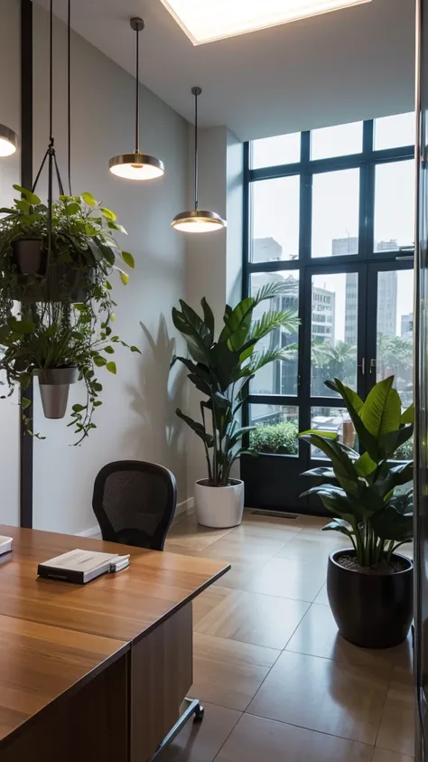 Recreate a post-modern office with modern lighting fixtures and potted plants. (it&#39;s day)