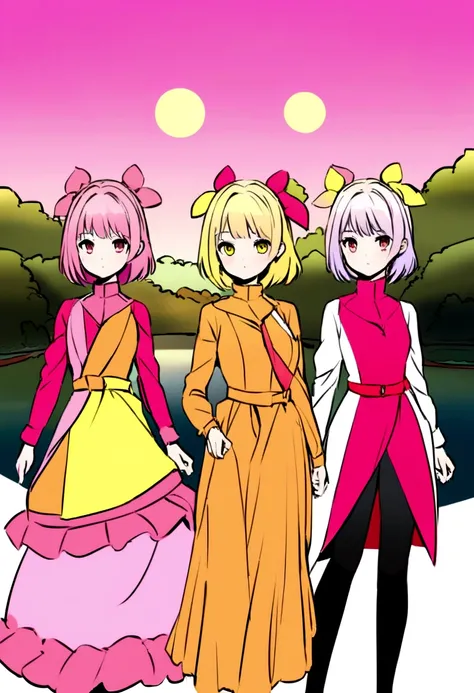 more variations in pink, red and yellow attire