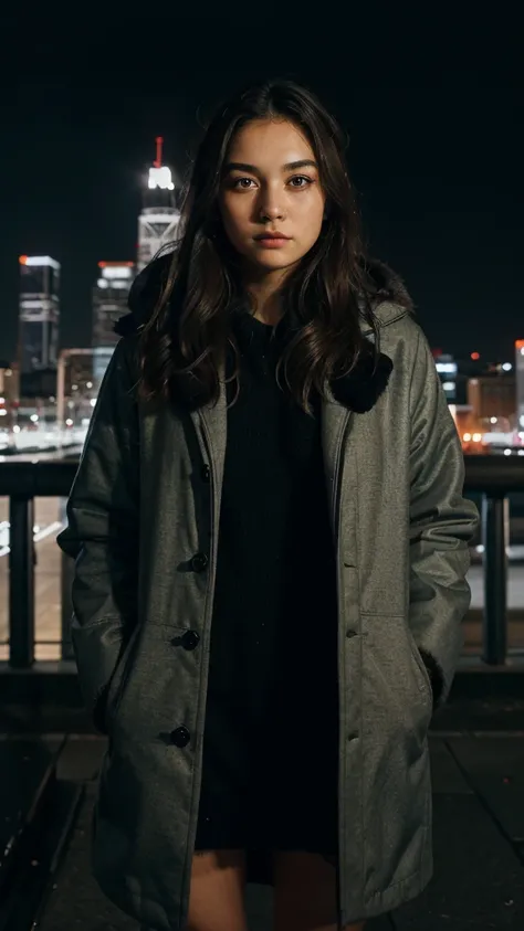 Fujifilm  , looking at the viewer, ((very detailed eyes and pupils)), very detailed, serious expression, standing facing the city skyline at night, ((full face lighting)), furry coat,