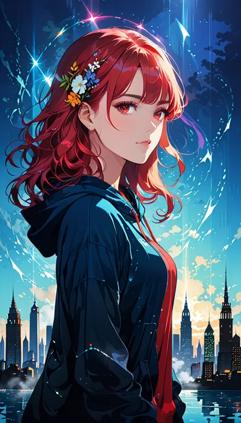 (artist：Jack Hughes:1.4),1 Girl,(Long wavy hair:1.3),(bright city View pattern on clothes:2.1),Wide hood,hoodie,(earphone:1.2),Silhouette,
(Skyline:1.2),(city View:1.4),(A large iron tower:1.3),Stand at the top of the tower,lavenderblush theme,(darkness:1....