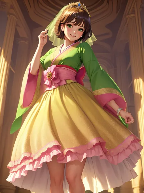 masterpiece, best quality:1.2), 1girl, smile, looking at viewer, green eyes, short brown hair, princess, princess dress, wearing puffy pink ballgown skirt reaching the floor, green kimono, golden tiara with veil, standing in ballroom of medieval castle