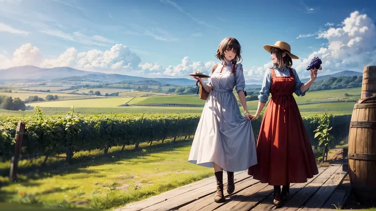 Two women joyfully stomping grapes under a clear blue sky as part of traditional winemaking. They are dressed in red dresses with white aprons, standing in a large wooden vat filled with grapes. The abundance of fruit around them adds to the scenes vibranc...