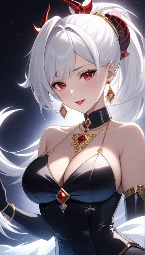 Universal Hot and beautiful almighty ancient demon queen,hoops earrings  ,early 30 age,makeup, foundation,bright red eyes , white hair, perfect face,Beautiful ,sexy, charming, glossy red lipstick , ponytail hair,eyeliner, eye massacre , perfect ear piercin...