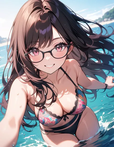 so beautiful, Beautiful Eyes, Highest quality, Very detailed, Intricate details, One Girl ,Short brown hair, Brown eyes, Thick thighs, bikini, good looking, Long Hair, Black Hair, Pink highlights on the tip, Pale pink eyes,Wear glasses、beautiful sea、Happy ...