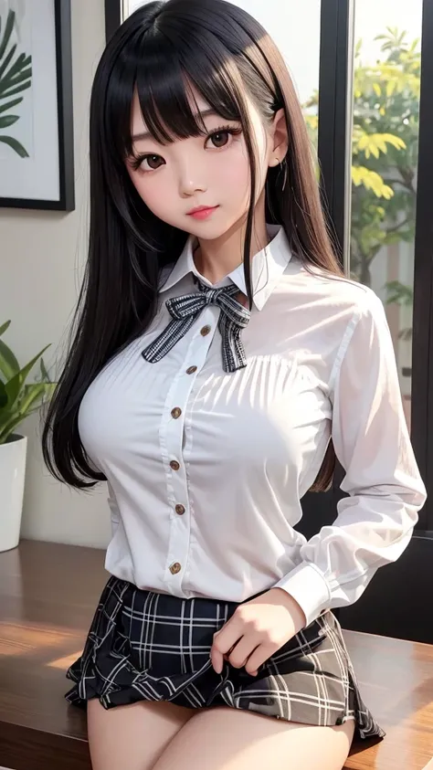 Detailed face、highlight、Asian Girl、thigh、Tabletop、breast enhancement、Bodyline、Black Hair、Heavy bangs、Checkered Skirt、White blouse、Support your chest with your arms、