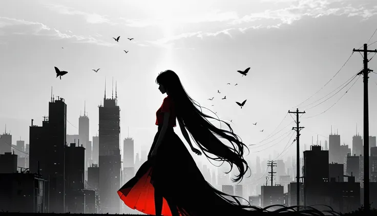 (in style of Ashley Wood:1.3),(in style of Takeshi Obata:0.9),
black and white urban skyline background,protruding utility poles,(a red silhouette of a young girl:1.6),minimalist silhouette,red silhouette,black and white background,wide_shot,silhouette of ...