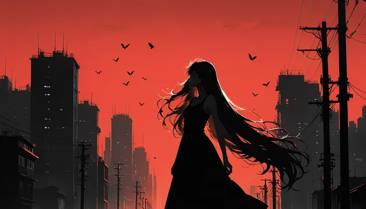 (in style of Ashley Wood:1.3),(in style of Takeshi Obata:0.9),
black and white urban skyline background,protruding utility poles,(a red silhouette of a young girl:1.6),minimalist silhouette,red silhouette,black and white background,wide_shot,silhouette of ...