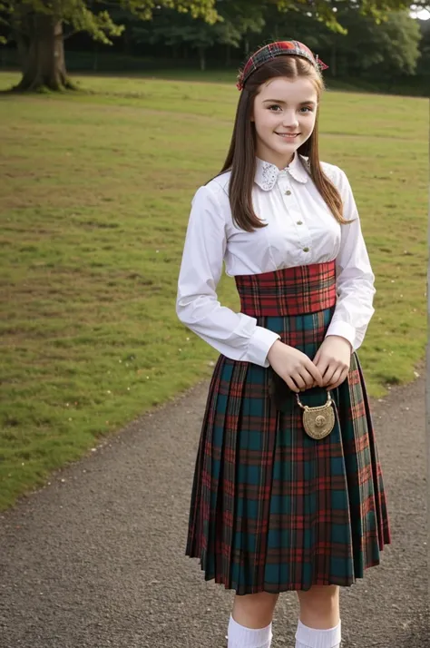 Very cute , pretty , gorgeous scottish girl, 18 years old ,wearing traditional scottish dress, sweet smile , full body ,HD