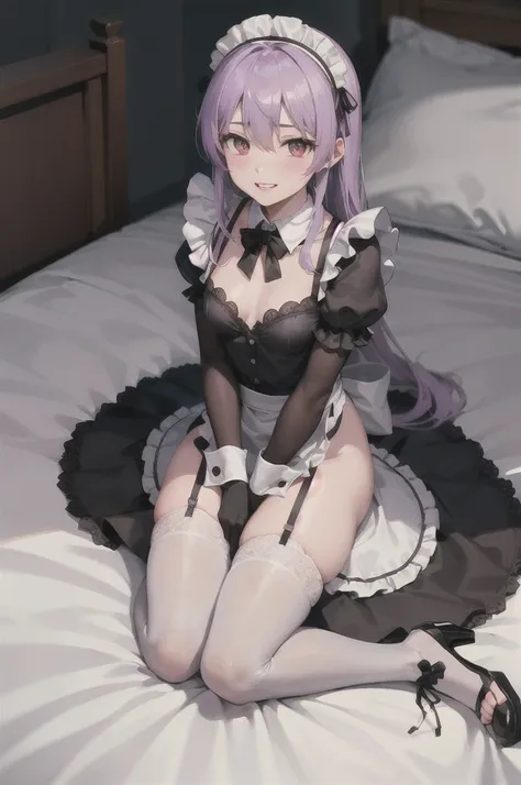 (masterpiece, 4k, best quality, highly detailed, 1girl, solo, small breasts, wariza, on bed, thighhighs, garter straps, wrist cuffs, miniskirt, full body), ((blush)), (((maid, maid headdress))), from above, black bow, seductive, parted lips, teeth, smile, ...